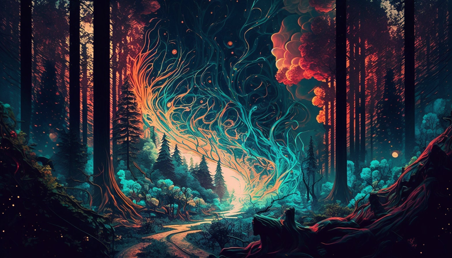 5 Trippy Forest Wallpaper Psychedelic Forest Printable Wall - Etsy