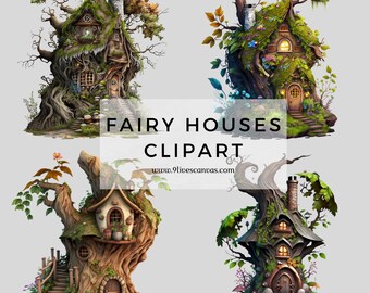 4 Fairy Houses Clipart, Fantasy Clipart, Fairy House Bundle PNG, Pack of 4 Digital Fairy House PNGs, 12 Inch Clipart