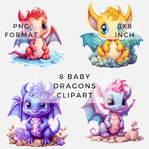 8 Cute Baby Dragon Clipart, Fantasy Clipart, Baby Dragon Transparent Background Digital Art, Baby Dragon Digital Art, Dragon PNG
