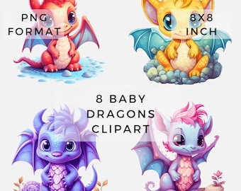 8 Cute Baby Dragon Clipart, Fantasy Clipart, Baby Dragon Transparent Background Digital Art, Baby Dragon Digital Art, Dragon PNG
