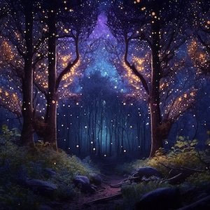 5 images de papier peint de forêt de nuit, papier peint de bureau de forêt enchantée, art numérique de forêt de nuit enchantée, forêt de nuit enchantée imprimable