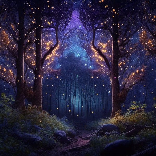 5 imágenes de fondo de pantalla del bosque nocturno, fondo de pantalla del escritorio del bosque encantado, arte digital del bosque nocturno encantado, bosque nocturno encantado imprimible