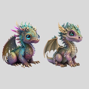 May include: Two adorable, colorful dragon figurines. The dragons have large, expressive eyes, intricate detailing, and wings. One dragon is primarily blue and purple, the other is purple and gold. Fantasy art.