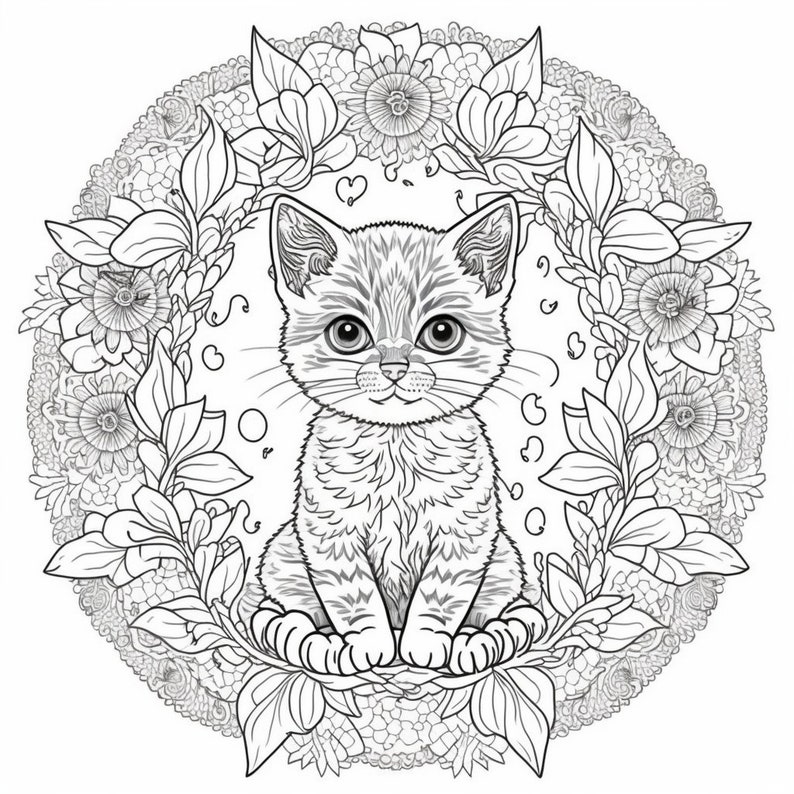 以下が含まれることがあります： 花輪の中に座っている子猫の白黒の線画。子猫は大きな目をしていて、かわいい表情をしています。花は細かく、複雑に描かれています。