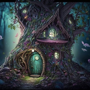 May include: A whimsical treehouse nestled in a dark forest. The treehouse has a teal door, windows with glowing lights, and a pink mushroom roof. The surrounding forest is filled with lush greenery and glowing lights.