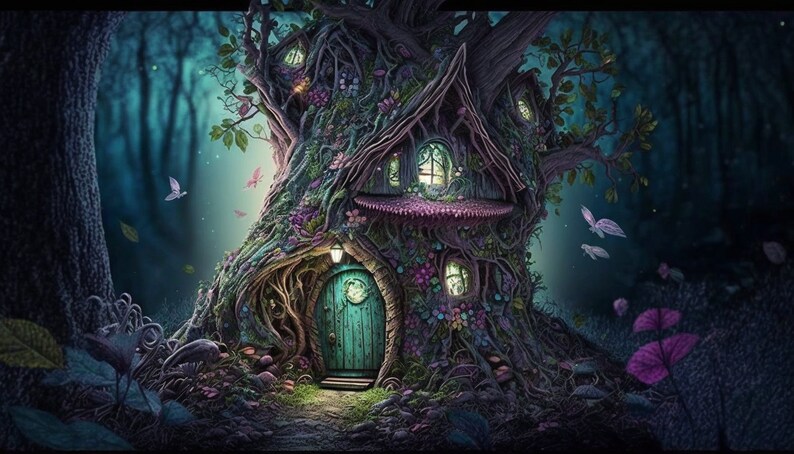 May include: A whimsical treehouse nestled in a dark forest. The treehouse has a teal door, windows with glowing lights, and a pink mushroom roof. The surrounding forest is filled with lush greenery and glowing lights.