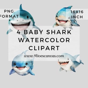 4 Watercolor Baby Shark Clipart, Baby Shark Clipart, Baby Shark Bundle PNG, Instant Download 16 Inch Watercolor Baby Shark PNG Clipart