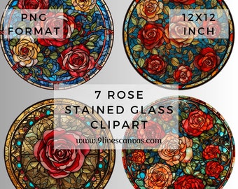 7 Stained Glass Roses Clipart, Roses Bundle PNG, Colorful Roses, Colorful Clipart PNG Bundle, Roses Clipart Junk Journal