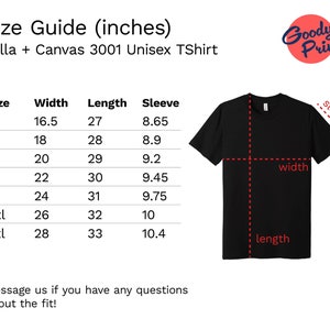 May include: Black t-shirt with a size guide in inches for Bella + Canvas 3001 Unisex TShirt. The guide shows measurements for width, length, and sleeve length, ranging from XS to 3XL. A red circular logo with the text "Goody Print" is in the upper right corner.