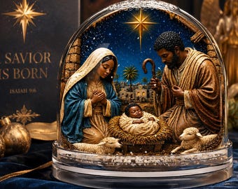 May include: A glass dome nativity scene featuring a dark-skinned family with a baby in a manger, sheep, and a star-filled night sky. The base is clear, and the scene includes a backdrop of a desert town. Text on the left reads A SAVIOR IS BORN ISAIAH 9:6.