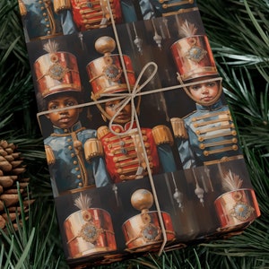 May include: Christmas gift wrap featuring a repeating pattern of vintage-style toy soldier illustrations. The soldiers are depicted in dark blue and red uniforms with gold accents, set against a dark background. The paper is tied with a simple twine bow.  The design is richly detailed and evocative of classic holiday imagery.