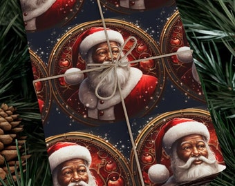 May include: Blue and gold wrapping paper with a repeating pattern of Father Christmas. Father Christmas is depicted with a white beard and a red suit. He is surrounded by red and gold baubles.