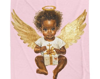 African American Black Angel Baby 1st XMAS Plush Blanket Black Baby Shower Black Daughter Gift Christmas Angelic Black Girl Baptism Gift