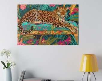 Leopard on Blue Chair Botanical Art Canvas -Extra Large Safari Wall Art Above Bed Decor College Canvas Print New Home Gift Bedroom Art Decor