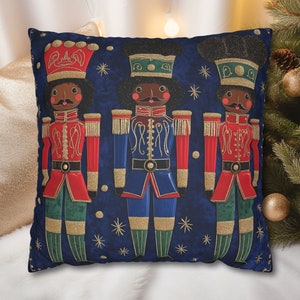 African American Christmas Decorations, Black Nutcrackers Holiday Decor- Blue Throw Pillow Cover Afrocentric Gift Melanin Holiday Decor Gift