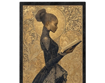 May include: An artistic print depicting a woman in a black dress reading a book. The background is a gold, ornate design with a halo effect. The woman has her hair up and is wearing earrings. The print is framed in black.