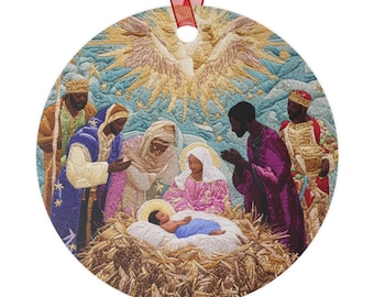 May include: Round Christmas ornament featuring a Nativity scene. The image depicts the baby Jesus in a manger, surrounded by Mary, Joseph, and the three wise men. The background includes an angel and a starry sky. A red ribbon is attached for hanging.