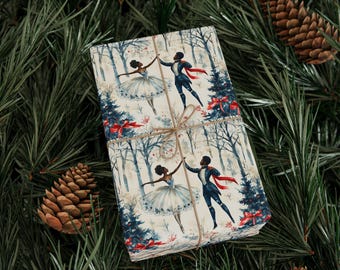 African American Wrapping Paper Roll Black Nutcracker & Black Ballerina Christmas Gift Wrap, Afrocentric Black Girl Boy Holiday Gift Wrap