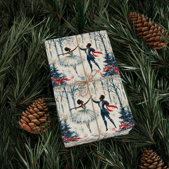 African American Wrapping Paper Roll Black Nutcracker & Black Ballerina Christmas Gift Wrap, Afrocentric Black Girl Boy Holiday Gift Wrap