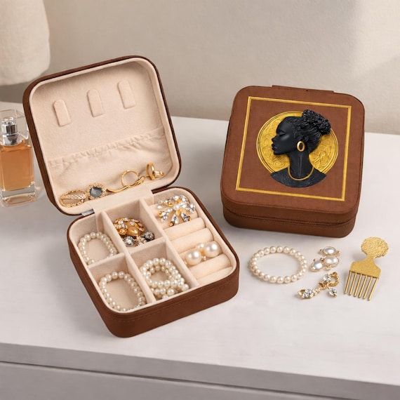 Black Woman Cameo Mom Travel Jewelry Box African American Silhouette Jewelry Case Gift for Mom Grandma Daughter Black Mom Christmas Gift