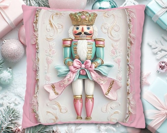 Pastel Nutcracker Pillow Cover - Colorful Faux Suede Throw Pillowcase, Pink Christmas Decor, Nutcracker Gift Christmas Holiday Cushion Cover