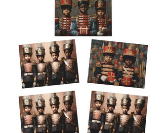 May include: A set of five Christmas cards featuring a group of young Black boys dressed as toy soldiers. The boys are wearing red and gold uniforms with black hats and holding toy rifles. The cards are decorated with a festive Christmas background.