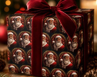 Black Santa Wrapping Paper, Black Santa Claus Holiday Gift Wrap, African American Santa Claus Gift Box XMAS Wrapping Paper, Ethnic Gift Wrap