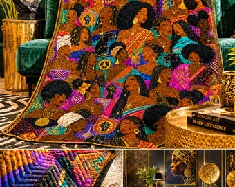 May include: A quilted throw blanket featuring a vibrant collage of Black women with diverse hairstyles, adorned with gold jewelry and cultural symbols like the peace sign and raised fist, set against a colorful, patterned background.