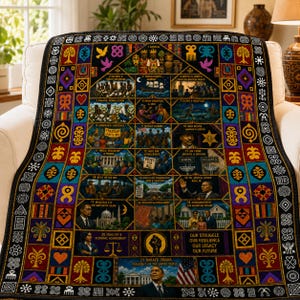 Könnte beinhalten: Eine rechteckige Wohndecke mit einer chronologischen visuellen Geschichte afroamerikanischer Erfahrungen. Das Design umfasst einundzwanzig nummerierte Felder mit Illustrationen und Text, umrahmt von einer Bordüre aus farbigen Adinkra-Symbolen.