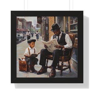 Stories of Yesterday - Framed African American Wall Art Prints Black Dad & Son Reading - Living Room Wall Art Afrocentric Black Man Wall Art