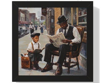 Black Man and Son Reading Wall Art Framed African American Man Art Print Black Wall Art African American Art Black Male Vintage Living Room