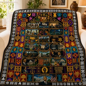 May include: A rectangular throw blanket featuring a chronological visual history of African American experiences. The design includes twenty-one numbered panels with illustrations and text, framed by a border of colorful Adinkra symbols.