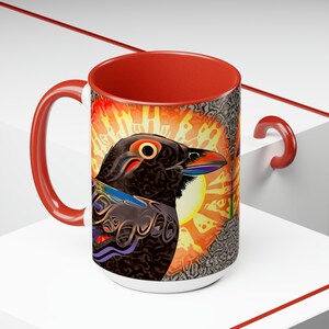 Tlingit Raven Crow Coffee Mug, Tlingit Indigenous Art Coffee Cup, Tlingit Raven Crow, Two-Tone Red and Black Teacup and Coffee Cup Mug, 15oz