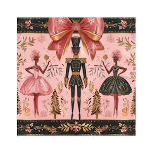 May include: A pink and green Christmas illustration featuring a Nutcracker soldier, two ballerinas, and a large red bow. The background is a pink and white pattern with green foliage and snowflakes.
