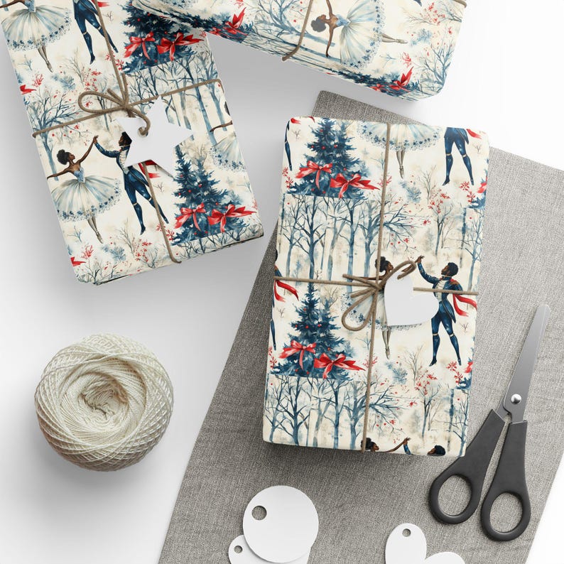 African American Wrapping Paper Roll Black Nutcracker & Black Ballerina Christmas Gift Wrap, Afrocentric Black Girl Boy Holiday Gift Wrap image 8