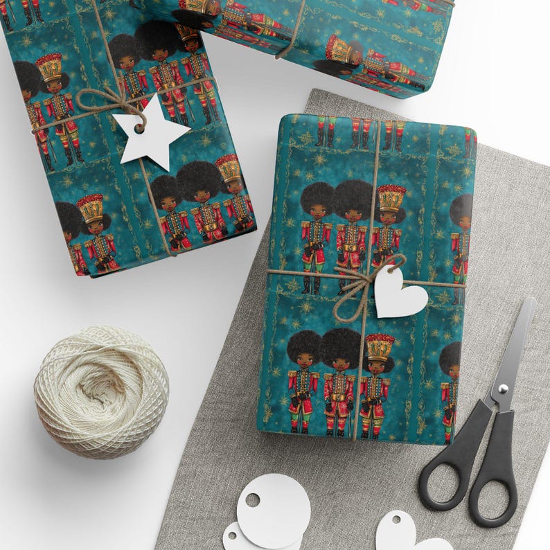 Afro Black Nutcracker Christmas Wrapping Paper Roll, Black African American Nutcracker Gift Wrap, Melanin Holiday Gift Xmas Wrapping Paper image 4