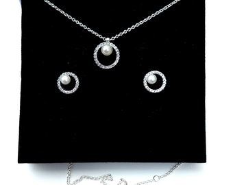 Sterling Silver 925 P.a.n.d.o.r.aAle logo Chain and earrings set Treated Freshwater Cultured Pearl & Pavé Gift Set,perfect present,Best Gift