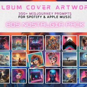 May include: A collage of 16 album cover designs inspired by the 1980s. The images feature retro-futuristic cityscapes, synthwave aesthetics, and vibrant colours. The text "80s Nostalgia Pack" is displayed at the top of the collage.
