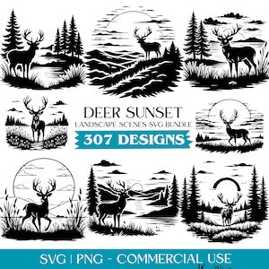 Puede incluir: Una colección de diseños de siluetas de ciervos en blanco y negro ambientados en varias escenas de paisajes, incluyendo bosques, montañas y puestas de sol. Se incluye el texto "DEER SUNSET LANDSCAPE SCENES SVG BUNDLE" y "307 DESIGNS".