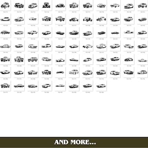 May include: A collection of black and white car illustrations, including trucks, sedans, and sports cars. The image features a grid of various vehicle designs, with the text "AND MORE..." at the bottom.