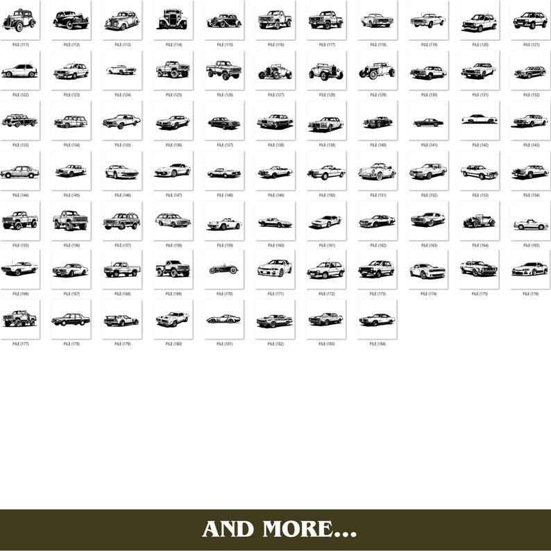 May include: A collection of black and white car illustrations, including trucks, sedans, and sports cars. The image features a grid of various vehicle designs, with the text "AND MORE..." at the bottom.