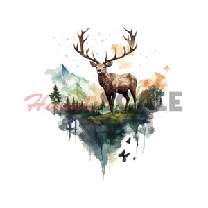 Deer PNG sublimation design - buck mix with natures and tress mountain watercolor artwork shirt, mugs and more instant digital downloads