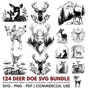 Puede incluir: Una colección de siluetas de ciervos y venados en blanco y negro, en varias poses, rodeadas de elementos florales y del bosque. La imagen incluye el texto "124 DEER DOE SVG BUNDLE" y detalles para Cricut, corte láser y decoración rústica, en formatos SVG, PNG y PDF.