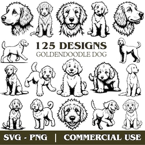 May include: Black and white illustrations of Goldendoodle dogs in various poses. The image includes the text "125 DESIGNS GOLDENDOODLE DOG" and the file types "SVG - PNG | COMMERCIAL USE".