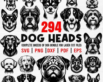 Arte vetorial de raças de cães: 294 cabeças de cachorro para corte a laser (download digital)