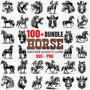 100 - paard SVG PNG-bundel, ruitersilhouet, wild paard vector voor Cricut, cowboy- en cowgirl-ontwerpen voor shirt, digitale download