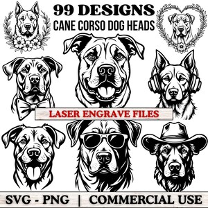 May include: A collection of black and white Cane Corso dog head designs. The image features text stating "99 DESIGNS CANE CORSO DOG HEADS" and "LASER ENGRAVE FILES". The bottom of the image reads "SVG - PNG | COMMERCIAL USE".