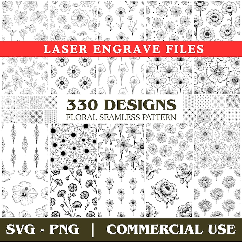 Floral Seamless Patterns Svg & Png Bundle for Laser Engraving - Instant ...