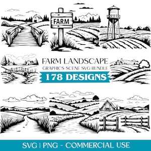 May include: Black and white farm landscape graphics scene bundle with 178 designs. The image includes illustrations of bridges, fields, a water tower, and a sign that says "FARM". The bottom of the image says "SVG | PNG - COMMERCIAL USE".