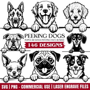 以下が含まれることがあります： 様々な犬種、例えばジャーマンシェパードやブルドッグの白黒イラストが、線から顔をのぞかせています。「PEEKING DOGS」と「146 DESIGNS」の文字。 「SVG | PNG - COMMERCIAL USE | LASER ENGRAVE FILES」が含まれています。
